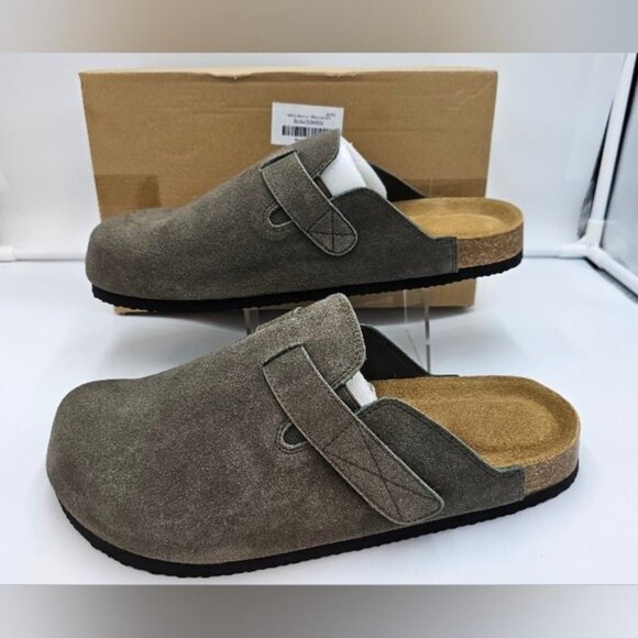 Suede Leather Clogs Men 10.5 / Women 12 Army Green Cork Footbed Comfort - Picture 6 of 9